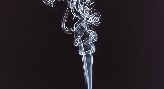 A delicate wisp of white steam rises in an elegant swirl against a dark backdrop, showing intricate curling patterns and sharp detail, movement, plume, smooth