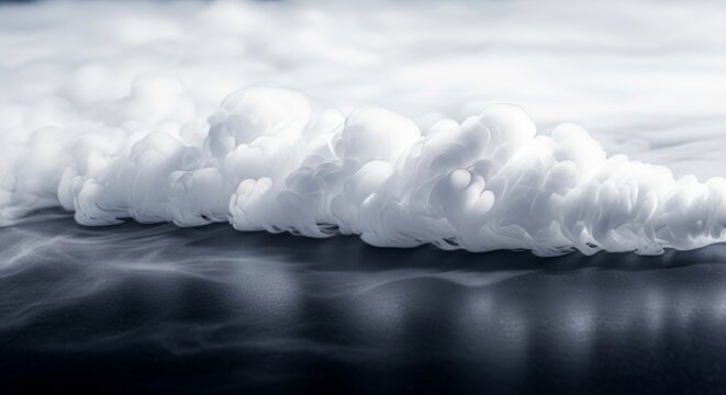 A dense bank of rolling white smoke moves across a dark surface, showing realistic diffusion, swirling turbulence, and soft atmospheric mist, mysterious, murky, smoke
