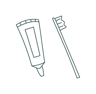 Simple hand drawn line style. A travel icon shows toothpaste and toothbrush as a neat doodle outline. This clean symbol fits camp and trip gear, with cute sketch detail minimal graphic line art in