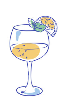 Whimsical lemonade cocktail drink in a glass with lemon fruit and citrus slice, handdrawn doodle style illustration. Fun brunch and summer beverage graphic for cafe menu design white background