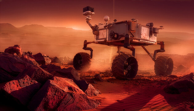 A six-wheeled Mars exploration rover traversing a rocky red mountain