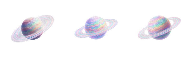 Holographic Planet Saturn with Rings Isolated on White Background PNG Set, Pastel Iridescent Space Graphic Design Element, Futuristic Sci-Fi Illustration © kulan