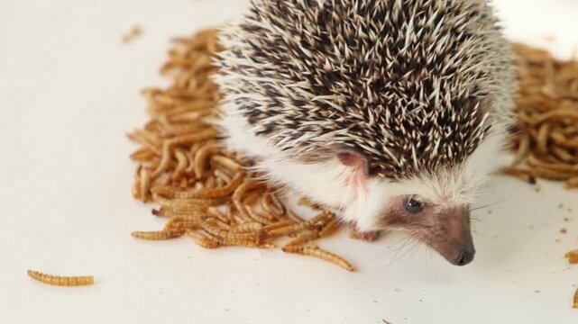 hedgehog eating worms. Hedgehog food.Dried insects in the diet of hedgehogs. A prickly pet eating dried worms against a beige background. 4k footage