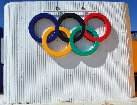 MONTREAL QUEBEC CANADA: Olympic rings at the Montreal olympic stadium 5 rings, blue, yellow, black, green and red.Represent 5 continents, Africa, Asia, America, Europe and Australia. 