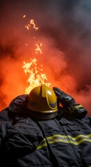 Fototapeta premium Protective emergency equipment and helmet visible amidst smoke and blazing orange flames while battling fierce forest fire to save habitat, equipment, sparks, water