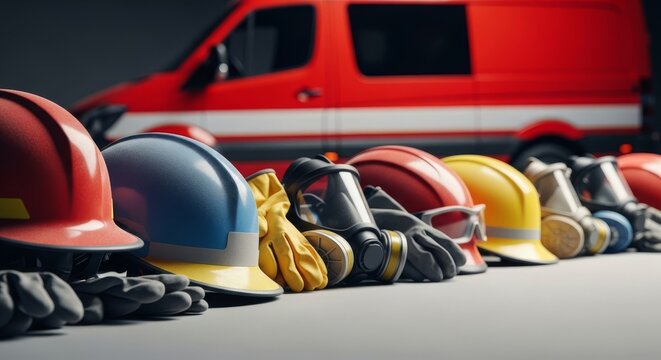 Protective gear and dusty helmets align in front of a red emergency vehicle, marking the completion of a successful containment operation, pride, boots, helmet