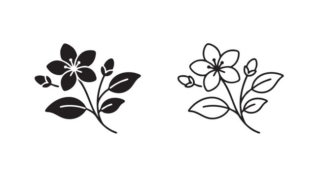 black silhouette with line art vector of jasmine flower featuring plant, botanical