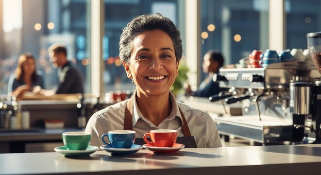 Authentic hospitality expressed through a warm smile behind a modern counter in a bright metropolitan cafe, representing global diversity, warm, hospitality, design