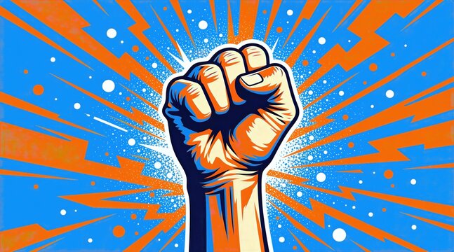 Clenched fist symbol of resistance rises against blue orange background. Brave hand gesture represents power struggle human rights activism protest movement. Graphic illustration design shows