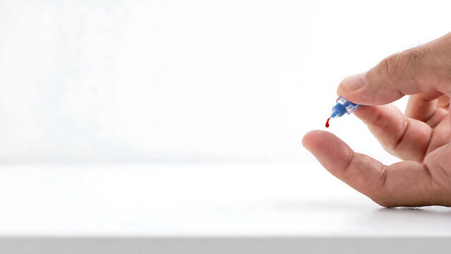 Close up view of a person performing a self administered blood glucose test using a small finger prick lancet device for medical health monitoring