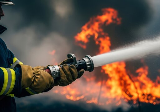 A firm grip on a firehose suppresses intense forest flames amidst thick, swirling cinematic smoke, professional helmet, and protective gear, helmet, water, extinguishing