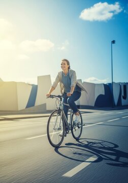 Natural smile while riding a bicycle through a sunny cityscape, emphasizing eco-friendly transit and a healthy, sustainable lifestyle, street, lifestyle, sunshine