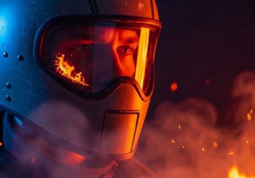 Determined look framed by a protective helmet, catching the warmth of glowing embers and flickering orange firelight against a smoky backdrop, smoke, gear, portrait
