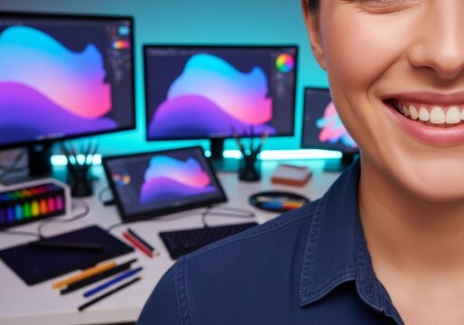 A confident smile illuminates a creative workspace filled with vibrant monitors and artistic tools, showcasing professional pride and talent, digital art, artistic, workplace