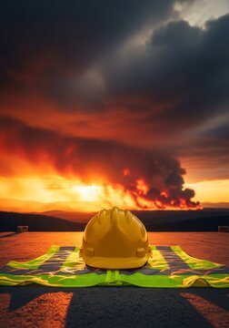 Protective yellow helmet and reflective gear in front of a massive wildfire with intense smoke plumes and dark storm clouds at sunset, disaster, intense, clouds