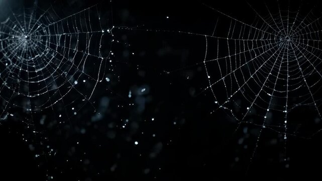 Shimmering spider webs in dark halloween backround with dust