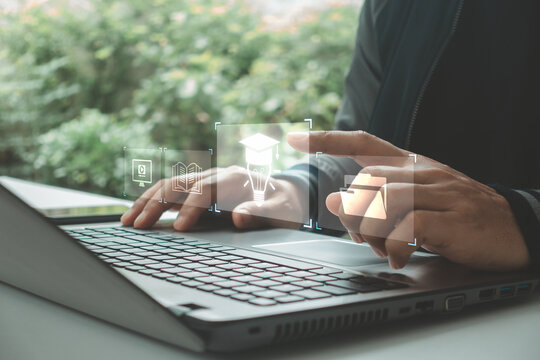 Digital education and e-learning concept featuring online learning, knowledge management, virtual training, smart education, and document access through interactive technology on a laptop workspace.