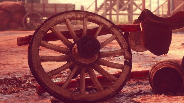 A worn wooden wagon wheel rests on the ground. It shows signs of age and weathering. A saddle is placed on the nearby structure. The scene has a rustic and historical feel.