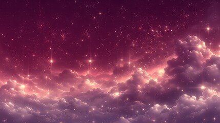 Obraz premium Magenta Kpop dreamy celestial sky filled with sparkling bright stars and fluffy cloud layers, cosmic nebula atmosphere, vast blank space for fantasy themed digital layouts and screensaver
