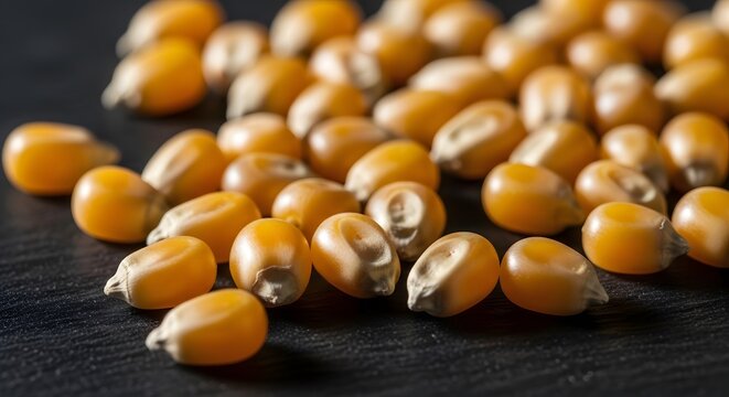 Close-up of Dried Corn Kernels on a Dark Surface.
