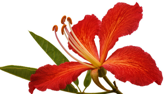 Isolated vibrant red-orange royal poinciana flower with green leaves and prominent stamens