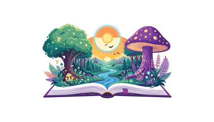 Fototapeta premium Fairy tale fantasy landscape pop up book vector illustration with magic forest glowing mushrooms river and sunset