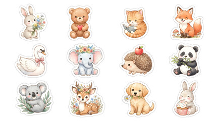 Obraz premium Charming watercolor animal sticker collection featuring a delightful array of cute creatures like bunnies, bears, and foxes, perfect for playful themes and kids' designs