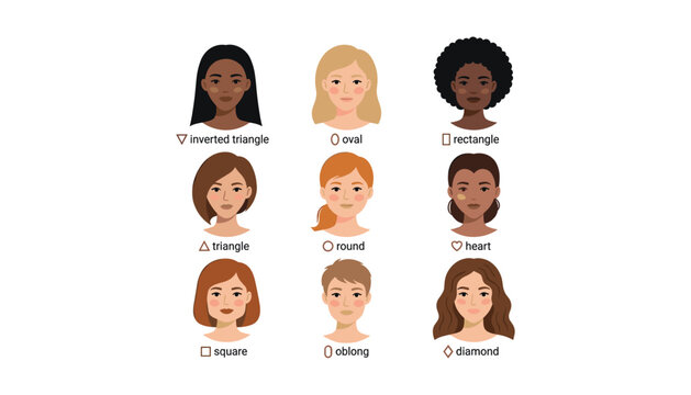 Female face shapes infographic set with different types oval round square heart diamond rectangle oblong triangle vector illustration