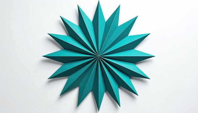 Teal origami starburst unfolds from a white background, creating a striking geometric pattern