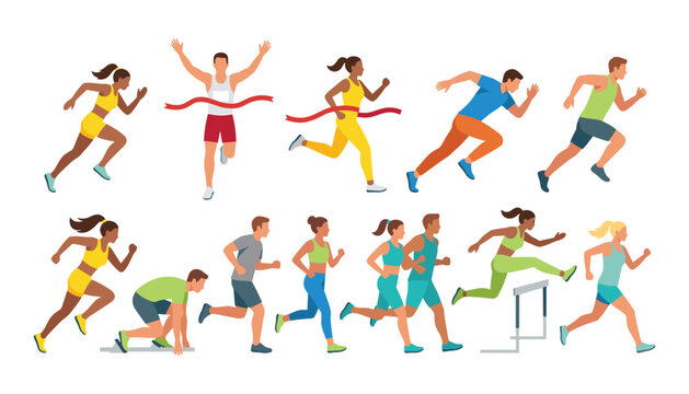 Athletic running people vector collection with multiethnic marathon runners sprinters and hurdlers jogging isolated on white background