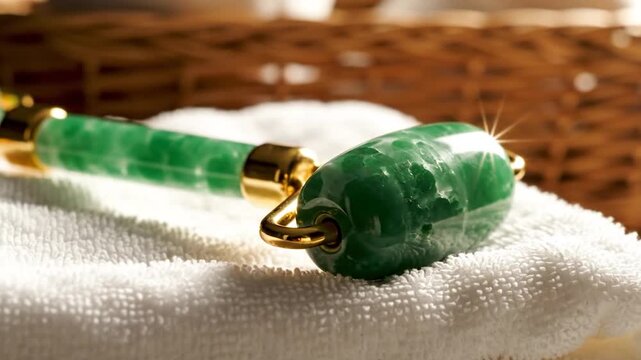 Green jade facial roller on white towel with warm sunlight and glint