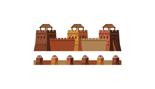 Ancient Chinese great wall vector illustration with historic stone fortress towers and defensive masonry ramparts isolated on white background