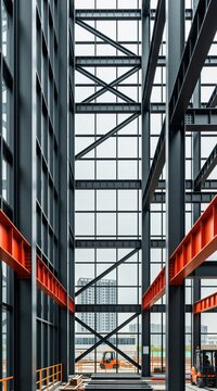 Steel frame structure of modern high rise building under construction. Grey metal girders form geometric patterns. Industrial forklift machine works at ground level floor. Urban cityscape background
