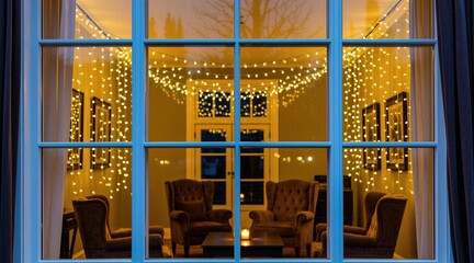 Obraz premium Warm yellow fairy lights cascade across window inside cozy room with armchair seating. Soft glow reflects on glass pane, creating festive indoor ambiance for holidays. Cozy atmosphere.
