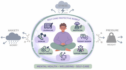 Fototapeta premium Mental health protection bubble depicts a person practicing self-care techniques to shield their inner well-being from external stress, anxiety, and heavy life pressures.