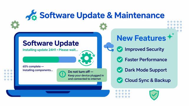 Software update progress bar appears on a laptop screen to notify users about essential system maintenance, security patches, and new feature installations.