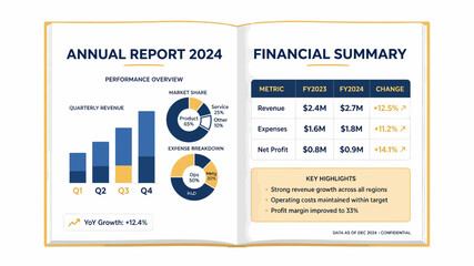 Fototapeta premium Annual report displays a comprehensive financial summary with performance charts and key highlights for the fiscal year 2024.