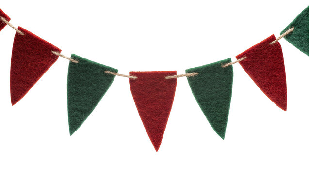 Isolated Christmas party bunting with vibrant red and dark green fabric triangle flags.