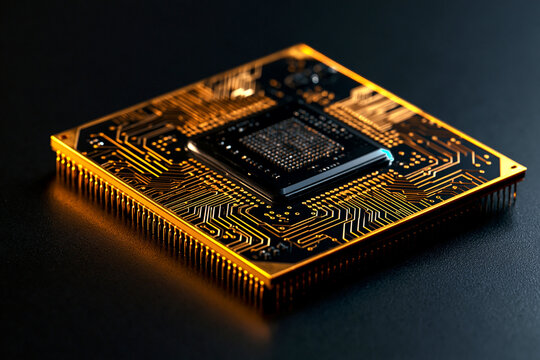 電子基板上でオレンジ色に発光するコンピューターのCPUチップ