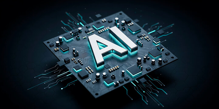Metallic ai text mounted on a dark circuit board with glowing blue electronic pathways and small hardware components on a dark background