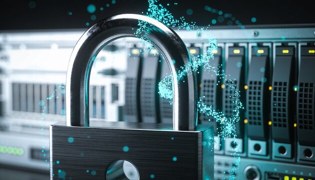 Cyber defense system visualization with padlock in the center of digital network and glowing blue neon connections, futuristic cybersecurity technology, secure data protection and information safety	