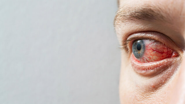 Close-up of a bloodshot, irritated eye, highlighting redness and inflammation
