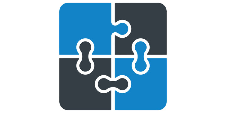 Four piece puzzle square icon vector illustration in blue and dark grey