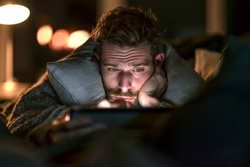 Obraz premium 夜の部屋で頬杖をつきながらタブレットを見る男性
