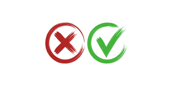 Green check mark and red cross icons in grunge brush style vector illustration