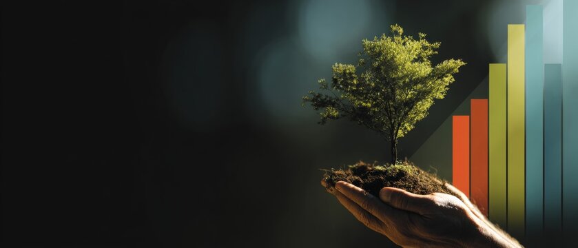 Rooted in care: a tree in the palm of your hand. Financial chart