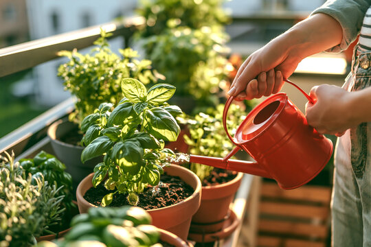 ベランダでハーブの鉢植えに赤いじょうろで水やりをする手元