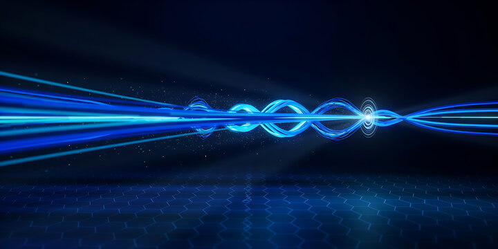 Glowing blue light waves and energy beams flowing through a hexagonal grid pattern on a dark background, for technology visuals