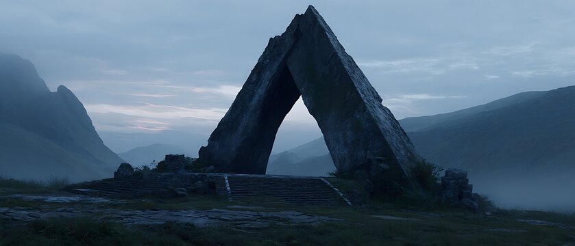 Ancient Stone Archway on Misty Mountain Peak at Twilight