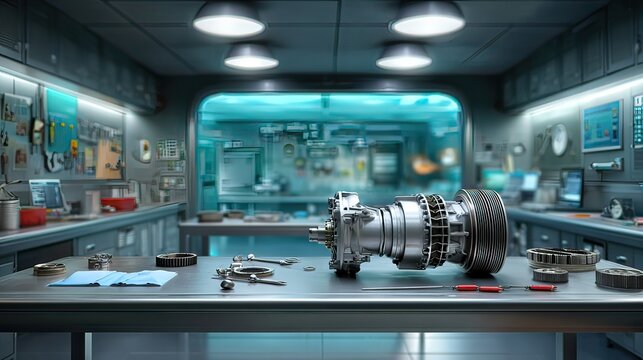 Detailed View of Aircraft Engine Part in Modern Workshop with Tools and Equipment in Background